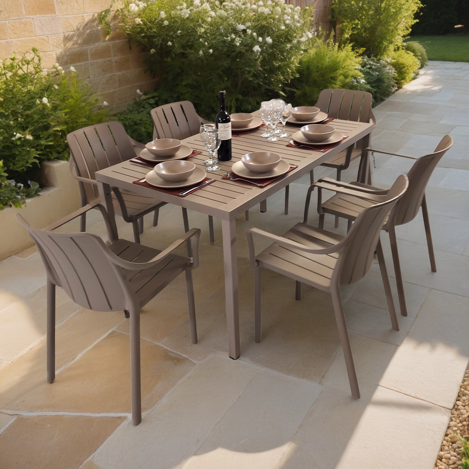 Nardi Cube Garden Dining Table With 6 Tiberina Armchair Set in Turtle Dove