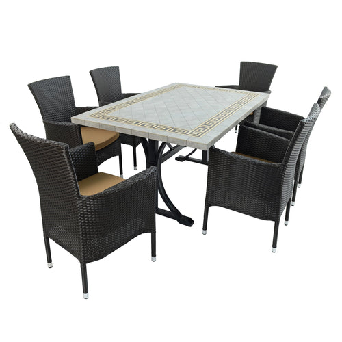 Byron Manor Burlington Stone Garden Dining Table with 6 Stockholm Wicker Brown Chairs