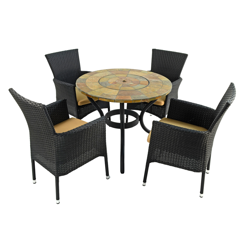 Byron Manor Bayfield Firepit Garden Patio Table with 4 Stockholm Black Chairs Set