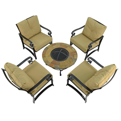 Byron Manor Bayfield Firepit Garden Coffee Table with 4 Windsor Deluxe Lounge Chair Set