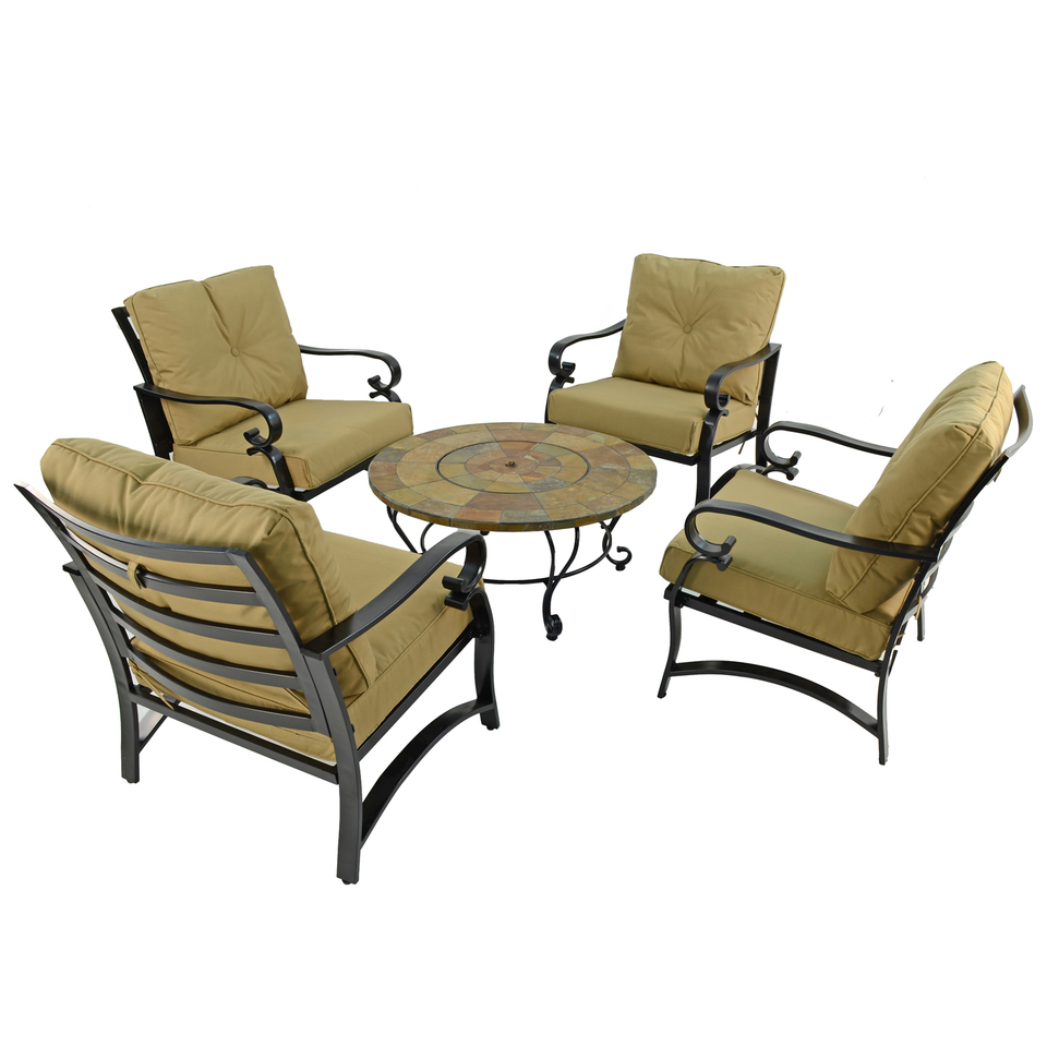 Byron Manor Bayfield Firepit Garden Coffee Table with 4 Windsor Deluxe Lounge Chair Set