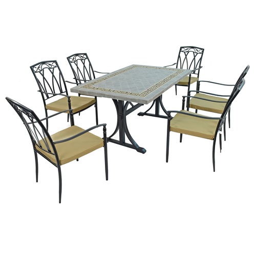 Byron Manor Burlington Mosaic Stone Garden Dining Table with 6 Ascot Chairs