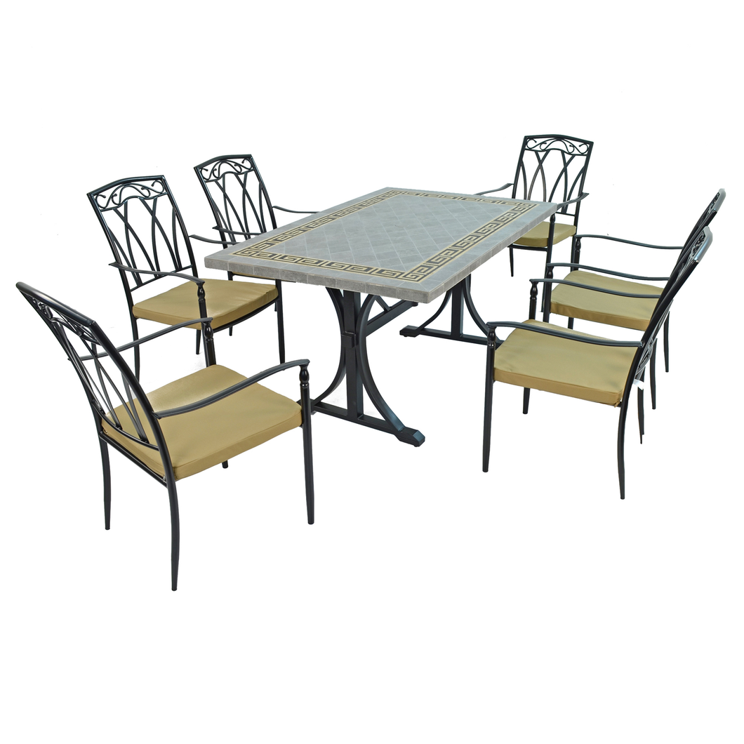 Byron Manor Burlington Mosaic Stone Garden Dining Table with 6 Ascot Chairs