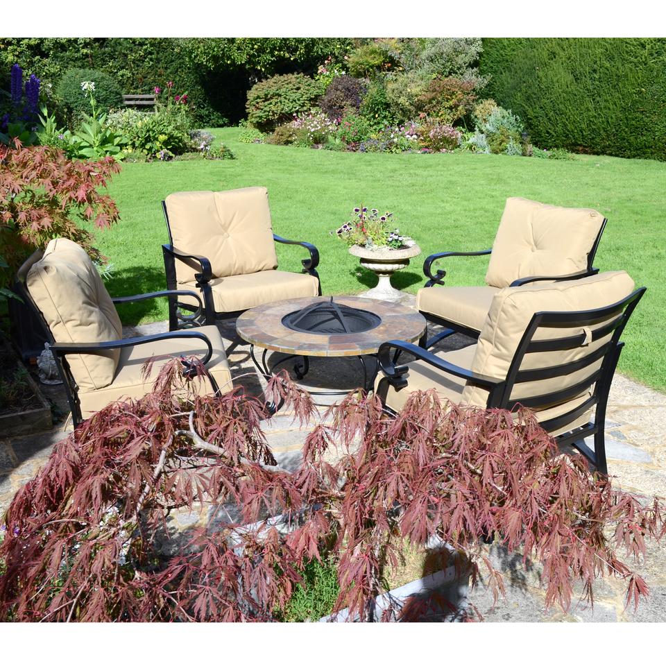 Byron Manor Bayfield Firepit Garden Coffee Table with 4 Windsor Deluxe Lounge Chair Set