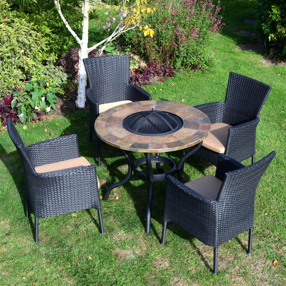Byron Manor Bayfield Firepit Garden Patio Table with 4 Stockholm Black Chairs Set