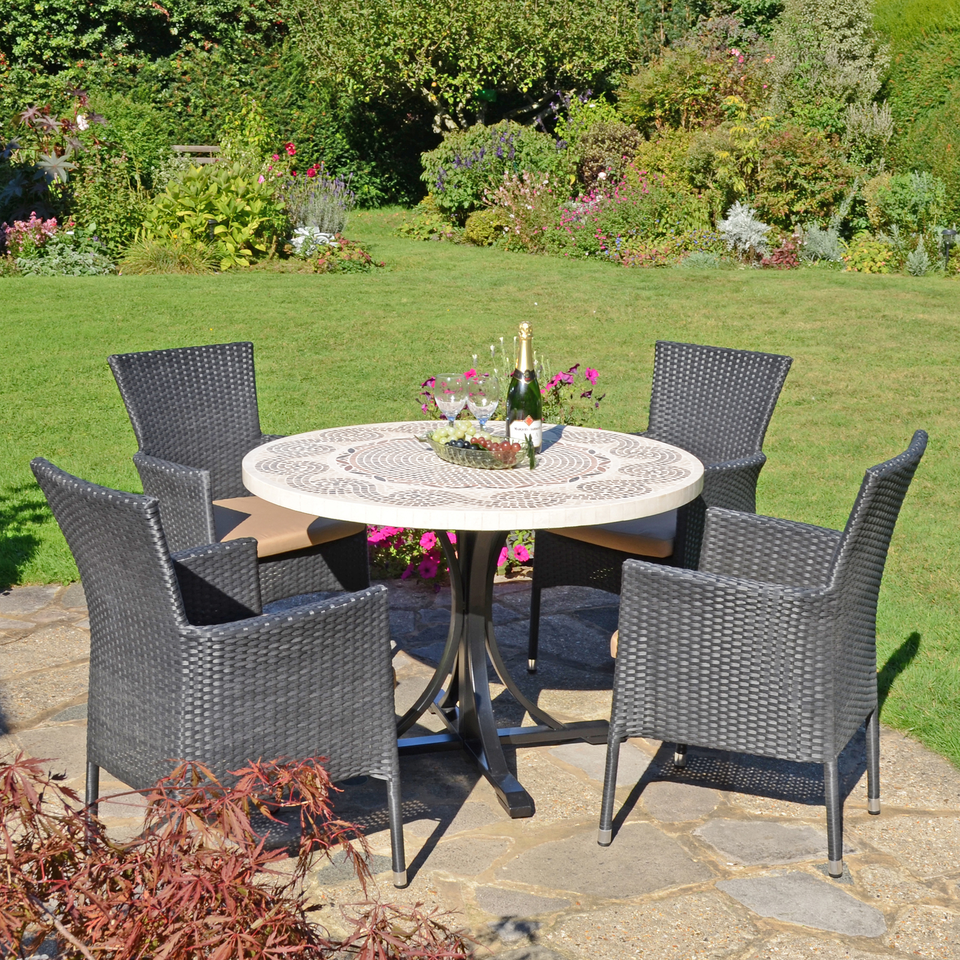 Byron Manor Avignon Mosaic Stone Garden Dining Table With 4 Stockholm Black Chairs