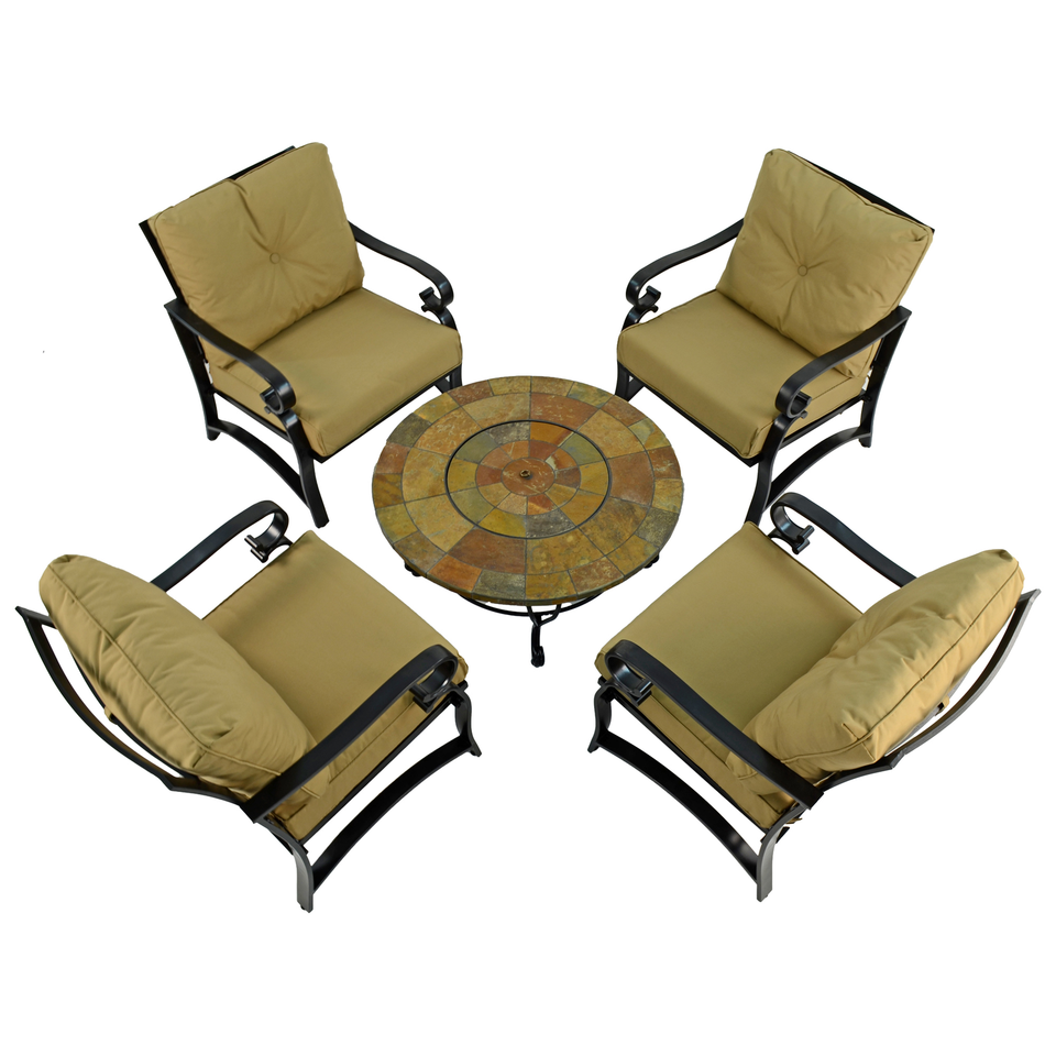 Byron Manor Bayfield Firepit Garden Coffee Table with 4 Windsor Deluxe Lounge Chair Set