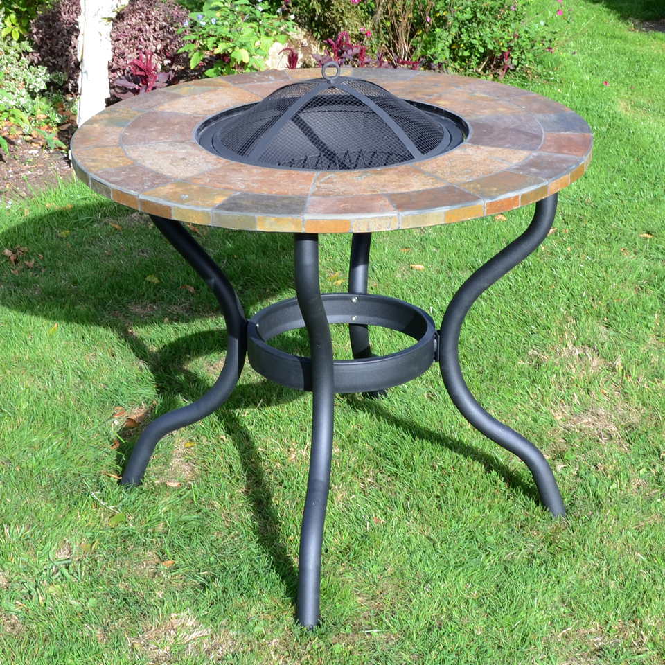 Byron Manor Bayfield Firepit Garden Patio Table with 4 Stockholm Black Chairs Set